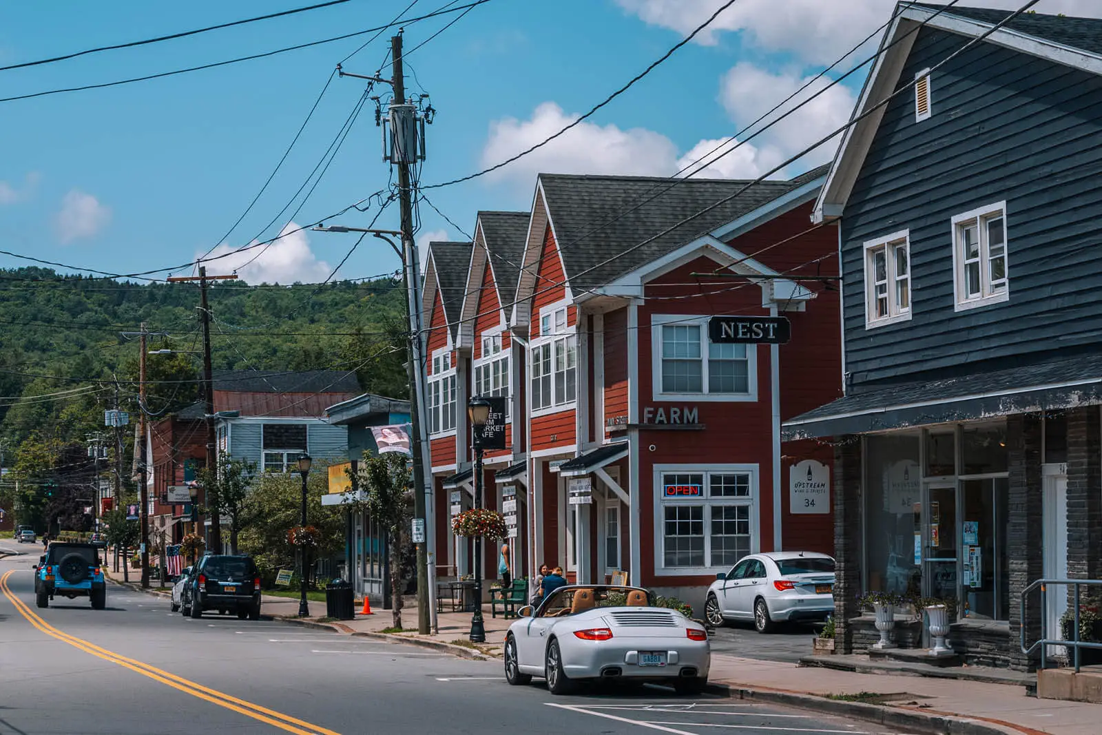Main Street in Livingston Manor, New York, with red and gray storefronts and wooded hills behind