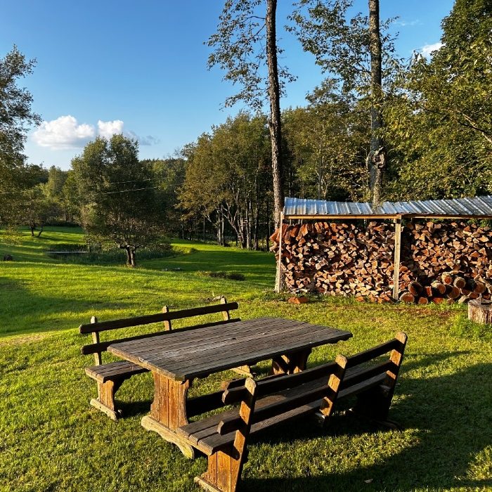 A picnic table and a stack of firewood on the lawn at Namaste Catskills