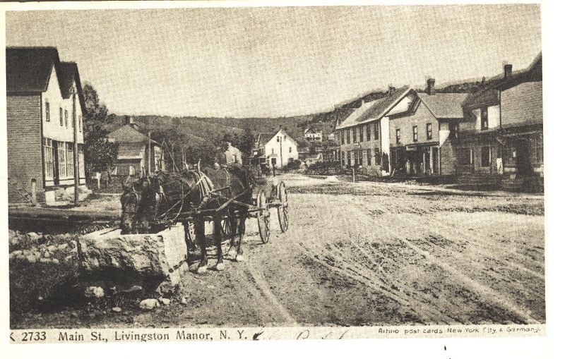 A historic postcard of Main Street in Livingston Manor with a horse and buggy, about 1900